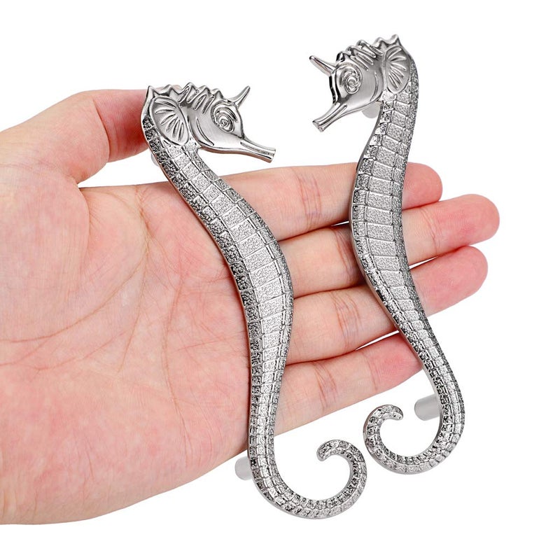 JUXYES Beach Ocean Theme Seahorse Shaped Drawer Handle Pulls, Marine Style Dresser Drawers Pulls Zinc Alloy Coastal Metal Decorative Drawer Pulls for Cupboard Cabinet Dresser Closet (Silver) - Image 3